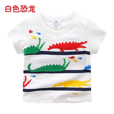 2023 Summer 2-10T Children&#39;S Birthday Clothing Dinosaur Car Striped Print Short Sleeve Basic Tops Cartoon T-Shirt For Kids Boy