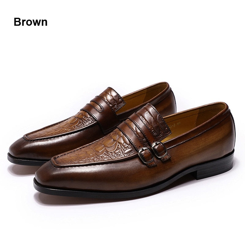 FELIX CHU Casual Business Men&#39;s Dress Shoes Genuine Leather Crocodile Print Brown Party Wedding Mens Loafers With Double Buckles