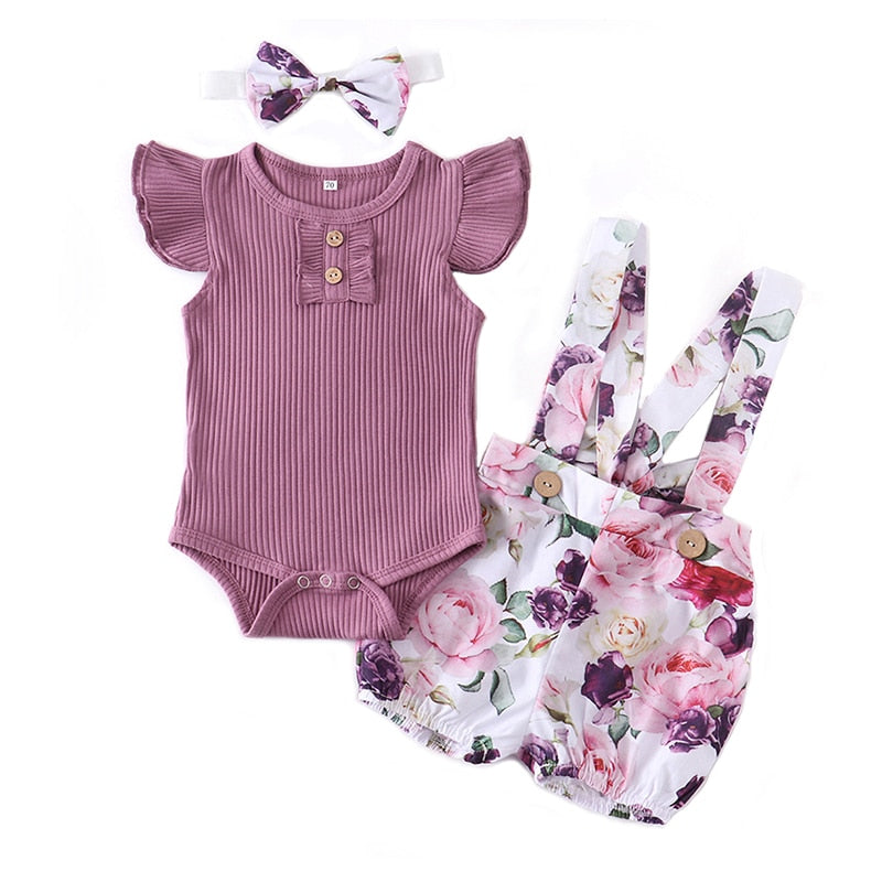 Baby Girl Summer Clothes Set Fashion Newborn Infant Knitting Cotton Ruffles Romper Shorts Bow Headband 3Pcs For Toddler Outfits