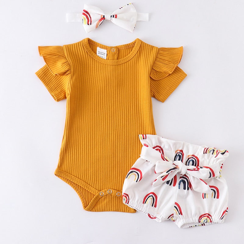 Newborn Baby Girl Clothes Set Summer Solid Color Short Sleeve Romper Flower Shorts Headband 3Pcs Outfit New Born Infant Clothing