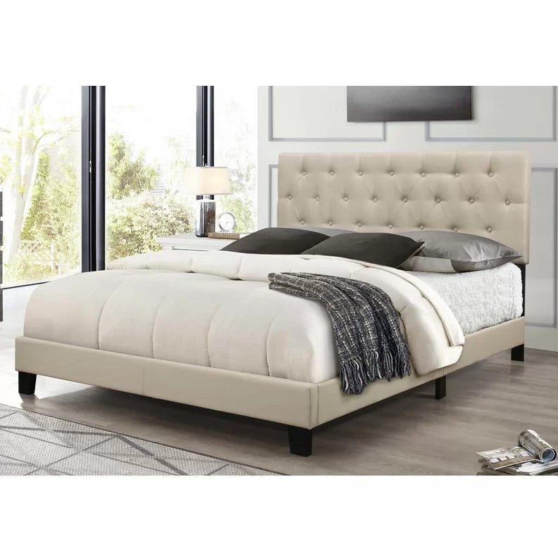 Upholstered Platform Bed with Padded Headboard, Box Spring Needed, Linen Fabric, Bedroom Furniture Twin/Queen Size Gray