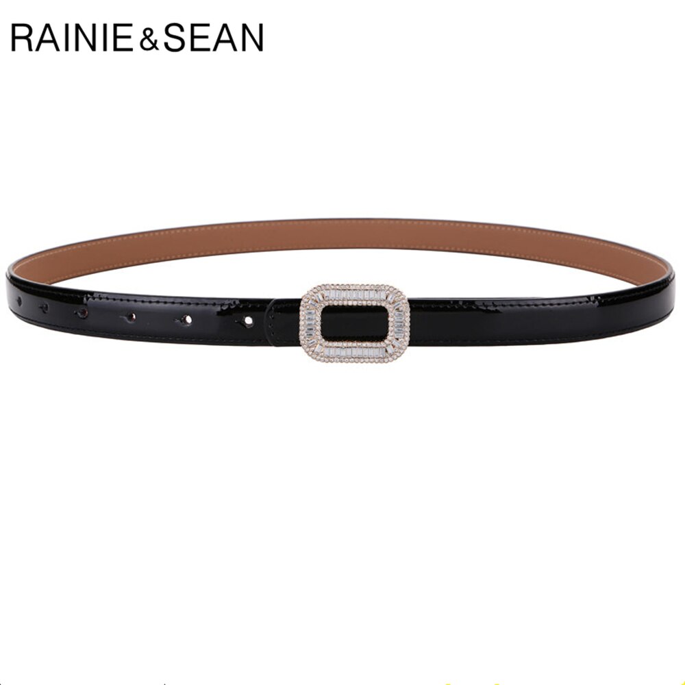 RAINIE SEAN White Patent Leather Women Belt Rhinestone Buckle Waist Belt Thin Ladies Belts for Dress Fashion Brand Accessories