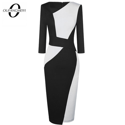 Vintage Women Patchwork Asymmetrical Collar Elegant Casual Work Office Sheath Slim Dress EB517