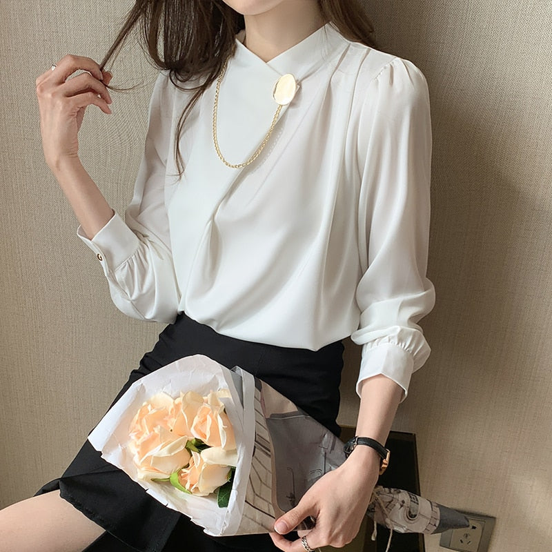 Women&#39;s Shirts Solid Satin Blouses for Women Chain Asymmetric Blouse Women Long Sleeve Top White O-neck Female 2022 Basic Shirt