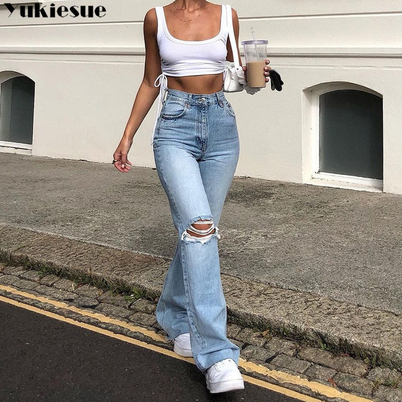 flare Pants Female Women&#39;s Jeans clothes Boyfriend Jeans Women Jeans Pants High Waist Mom Ripped Jeans 2021 Stright Trousers