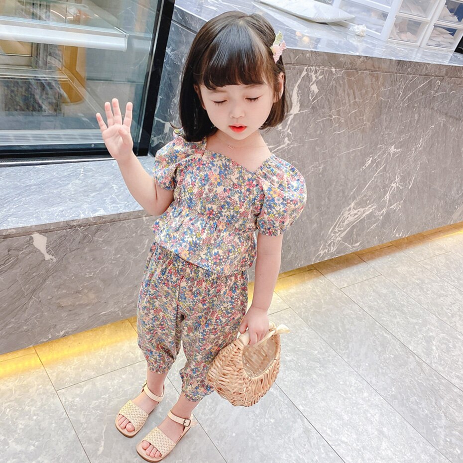 2pcs/set 2022 Children Clothes Floral Tshirt + Pants For Girls Casual Style Big Girls Clothes Summer Kids Tracksuit