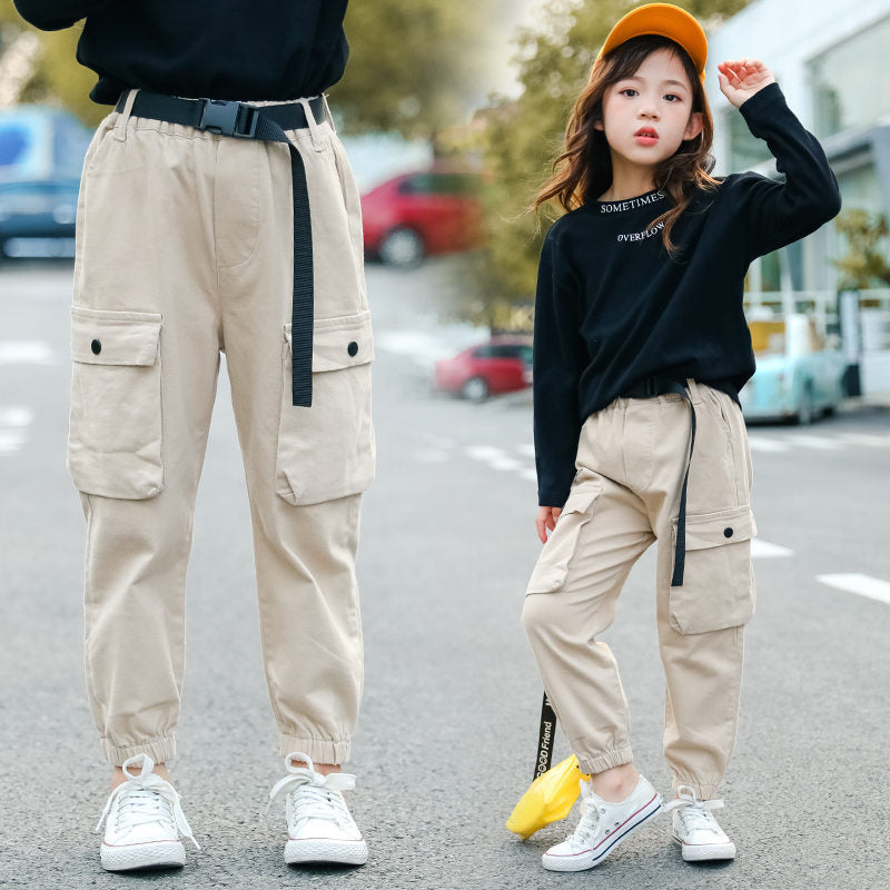 Fashion Cargo Pants for Teen Girls Cool Trousers With Belt Loose Style Kids Cotton Sport Running Pants For Teens Girl 5-14 Years