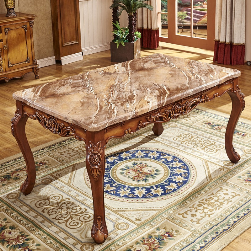 Antique Color Marble Dining Table and Chair European-style Long Luxury Villa Solid Wood Carved