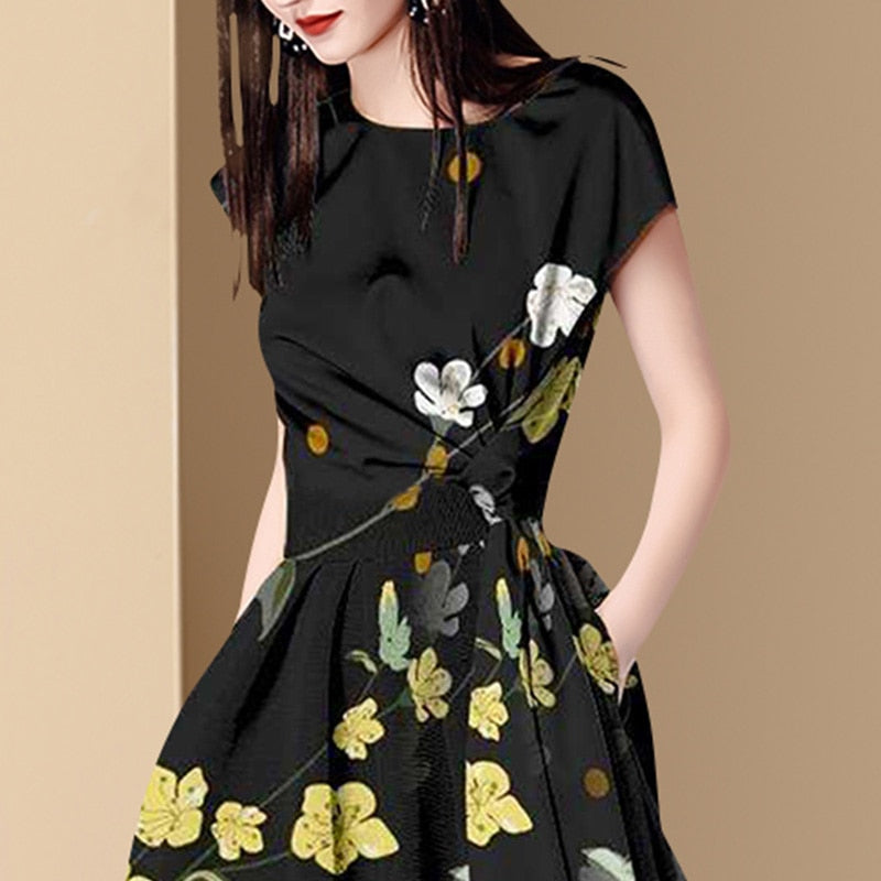 LLZACOOSH Chic Korean Women Floral Printted Vintage Dress 2021Summer V-Neck Short Sleeve Slim Chiffon A-Line Dress Female