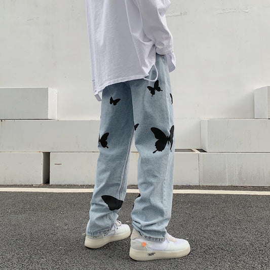 2022 Butterfly Print Jeans Men Pants Loose Baggy Jeans Casual Denim Pants Streetwear Straight Fashion Trousers Women Clothing