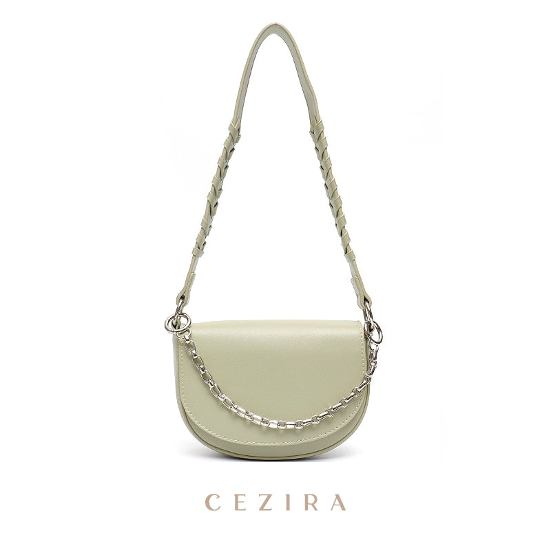 CEZIRA Fashion PU Vegan Leather Handbag For Women Luxury Chain Flap Shell Shoulder Bags Braid Strap Half-moon Female Small Purse