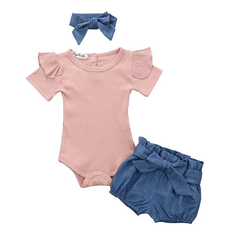 Newborn Baby Girl Clothes Set Summer Solid Color Short Sleeve Romper Flower Shorts Headband 3Pcs Outfit New Born Infant Clothing