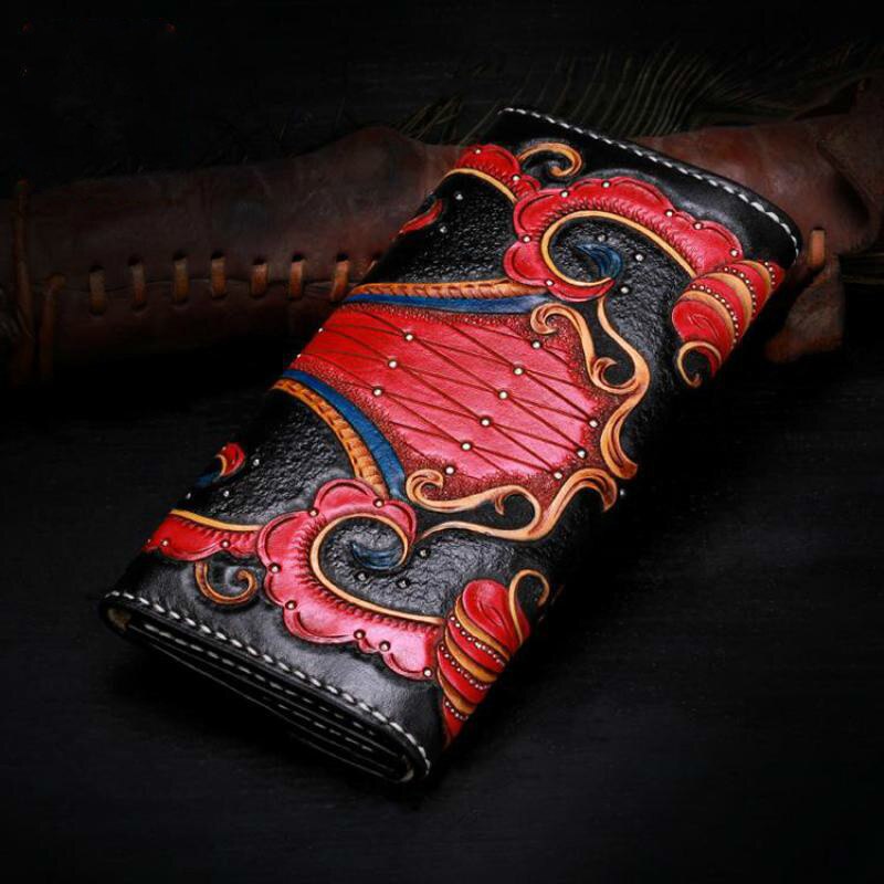 MOTAORA Ladies Handmade Carved Leather Vintage Women&#39;s Wallet Card Holder Floral Cowhide Purse Wallets Chinese Style Retro Bag