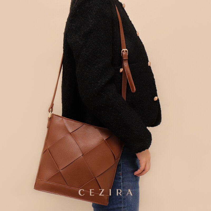 CEZIRA 2021 Fashion PU Leather Woven Crossbody Bag For Women Luxury Designer Hobo Shoulder Purse Ladies Messenger Bucket Handbag