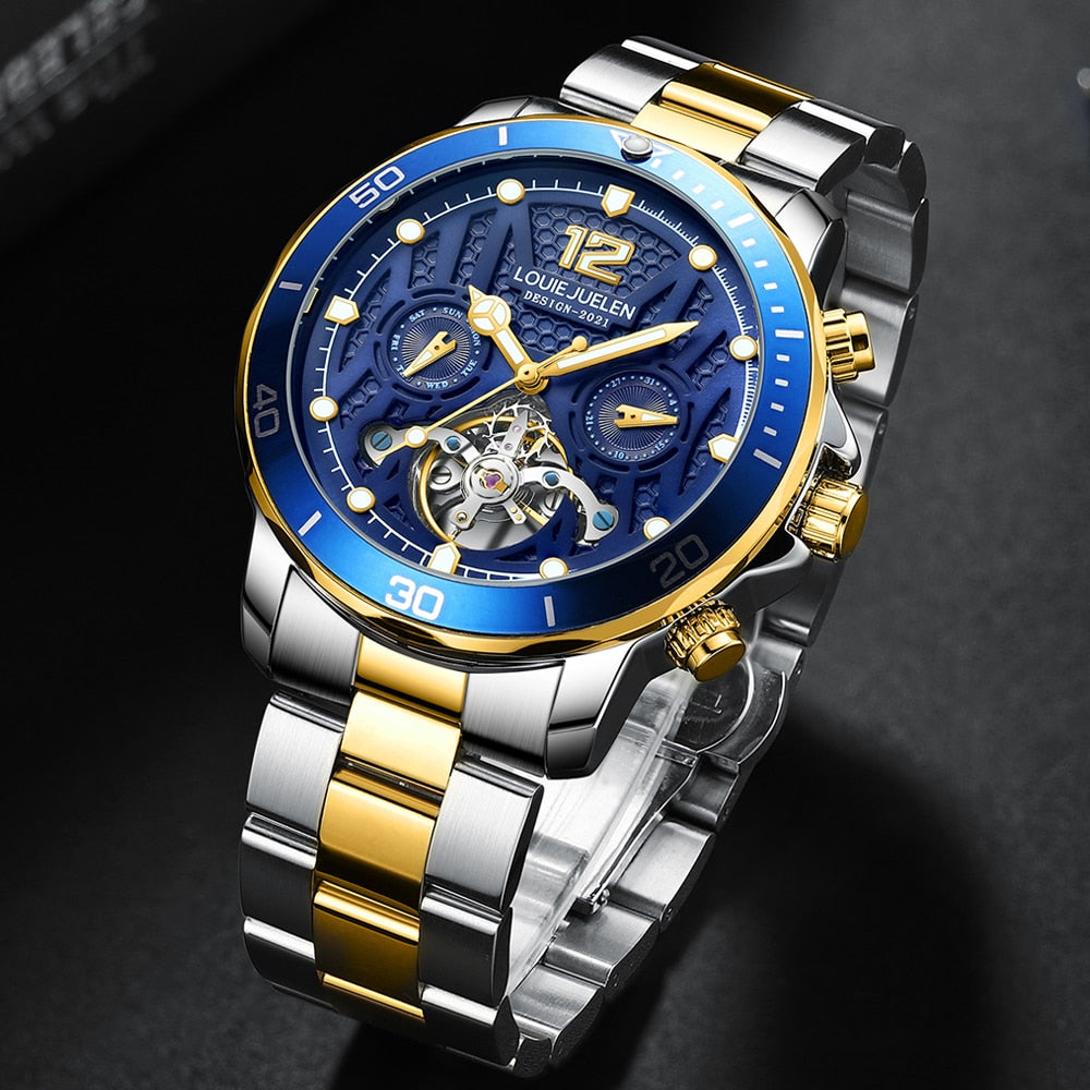 BELUSHI Top Brand Luxury Mens Business Watches Automatic Mechanical Watch Tourbillon Waterproof Clock Stainless Steel Wristwatch