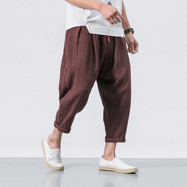 Best Black Linen Cropped Trousers Ethnic Style Harem Pants Mens Baggy Pants Summer Japanese Loose Joggers  www.chishtismart.com