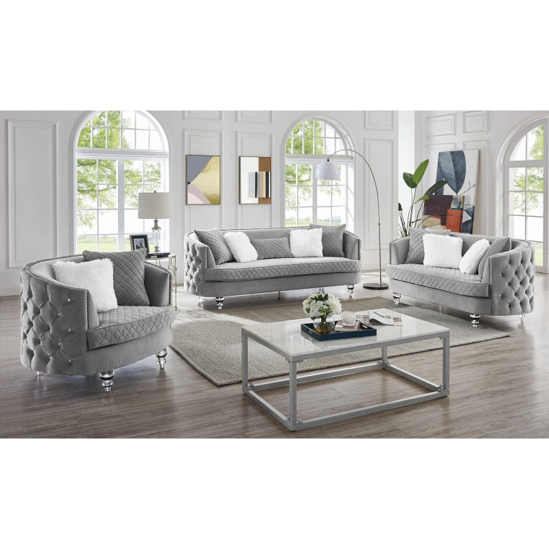 3 Piece Living Room Chesterfield Sofa Set, 3-Seater Sofa, Loveseat and Sofa Chair, with Copper Nail Tufted Back Gray