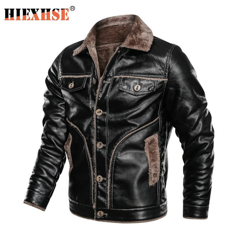 HIEXHSE Men Leather Jacket Winter Faux Leather Coat Parka Motorcycle Bike Bomber Jackets Men Fur Lining Coats Men&#39;s Cloting 8XL