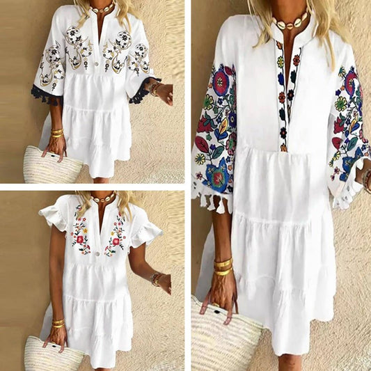 2021 Summer New Style Hot Sale Women Dress Fashion Casual Loose Playful Temperament Printed Fringed V-neck Short Ladies Dress