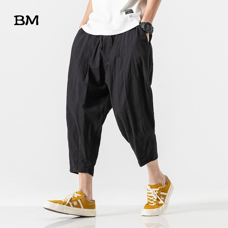 Summer Japanese Streetwear Linen Harem Pants Men Fashion Casual Cropped Pants Harajuku Thin Loose Radish Pants Sport Clothing