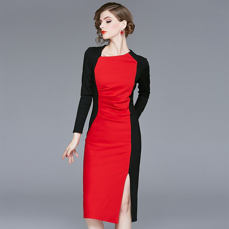 Spring 2020 women&#39;s new high-end retro dresses improved cheongsam color contrast celebrity hip long sleeve dress