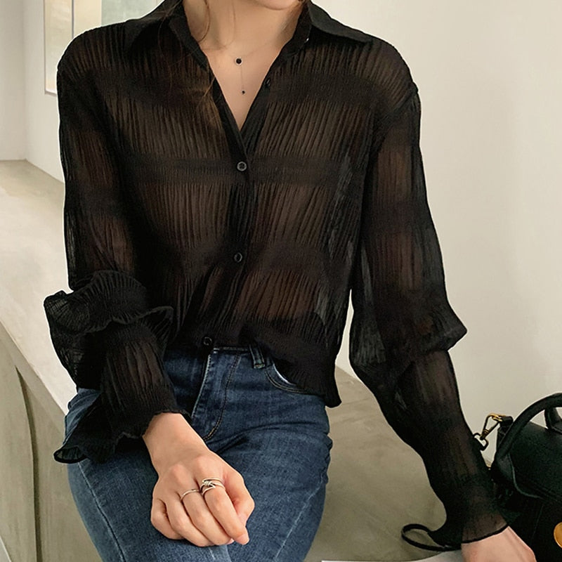 New 2022 Spring Vintage Elegant Women Chiffon Blouses Casual Long Sleeve Blusas Femme Turn-down Collar Solid Shirts Female Tops