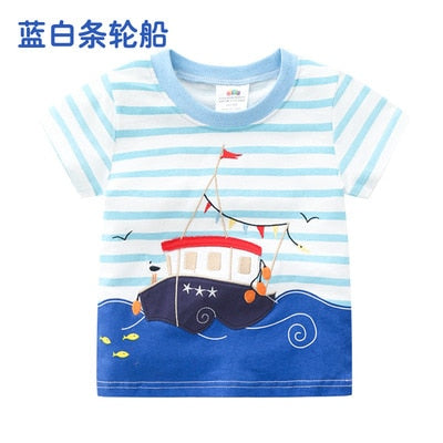 2023 Summer 2-10T Children&#39;S Birthday Clothing Dinosaur Car Striped Print Short Sleeve Basic Tops Cartoon T-Shirt For Kids Boy