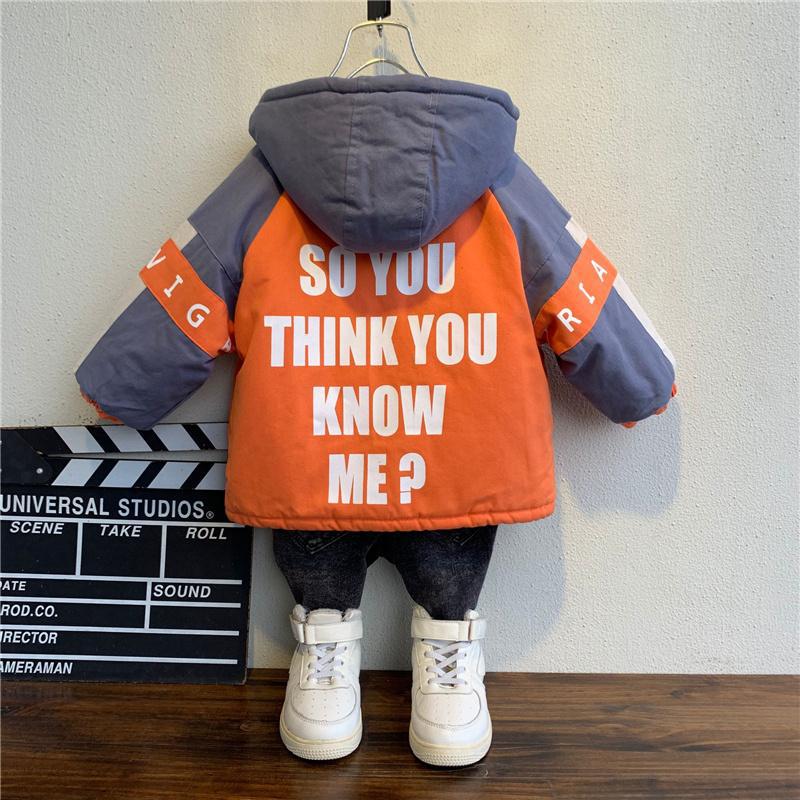 2-9years boys winter thicken hooded jacket for children outwear baby boy cotton-padded plus velvet print jacket for boys clothes