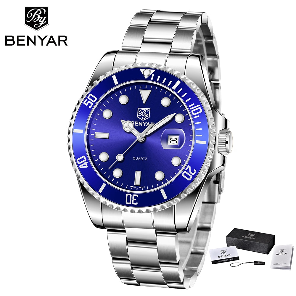 BENYAR 2022 New Luxury Business Men Quartz Wristwatch Top Brand Stainless Steel 30ATM Waterproof Sports Men Watch reloj hombre