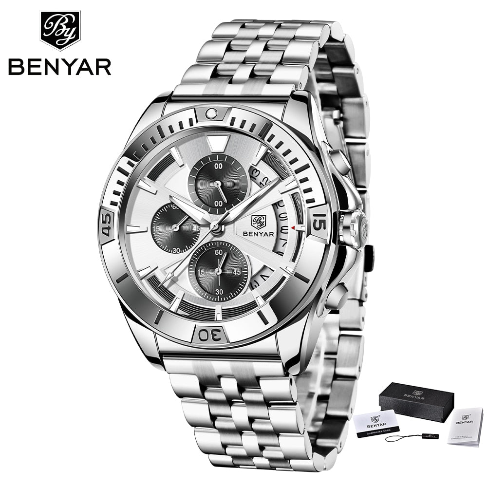 BENYAR Top Brand New Men Watch Stainless Steel Jubilee Watch Band Waterproof 30M Chronograph Luxury Men Quartz Wristwatch reloj