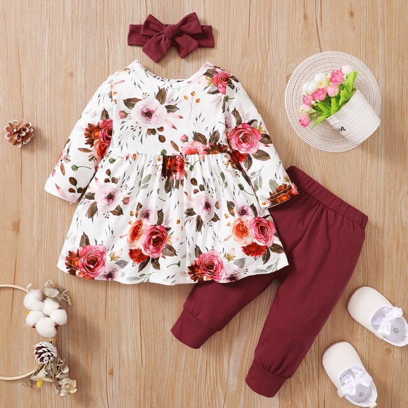 PatPat New Autumn and Spring 3-piece Baby Pretty Floral Dress Top and Polka Dots Pants with Headband Sets Kids Girl Clothes