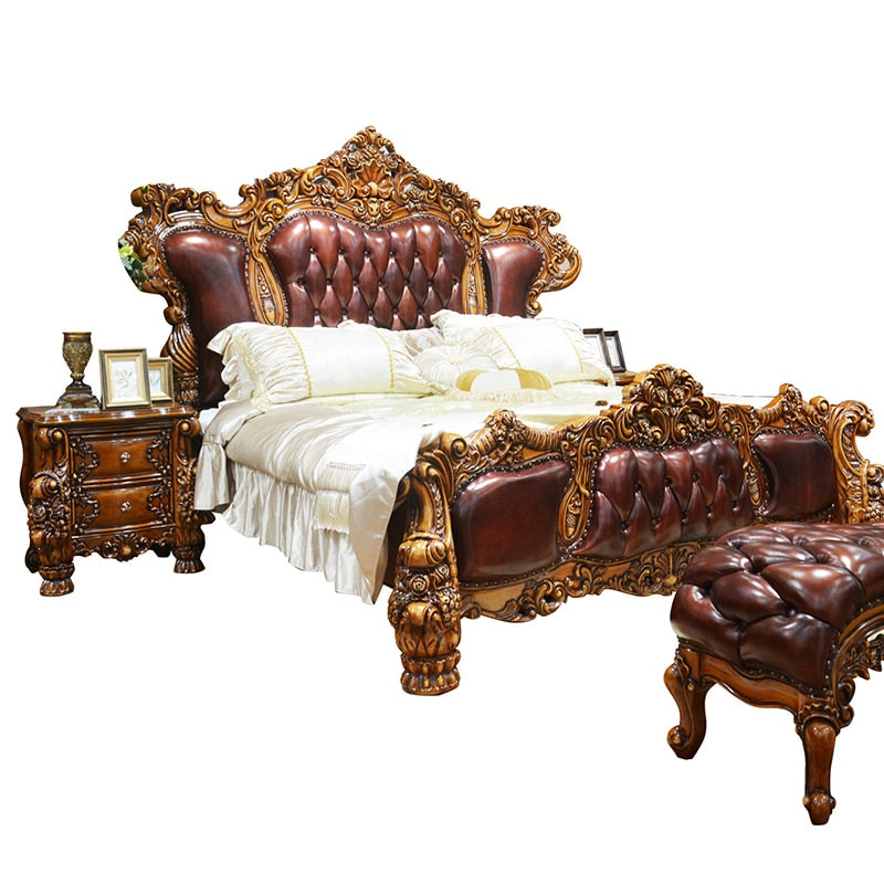 European Luxury Leather Bed 1.8m Double Bed American Villa Solid Wood Carved Living Room Leather Art Wedding Bed