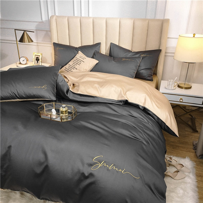 OLOEY Bedding Set Egyptian cotton Embroidery AB version Bed set Duvet Cover Elastic Band Sheet Flat Bedsheet long-staple cotton