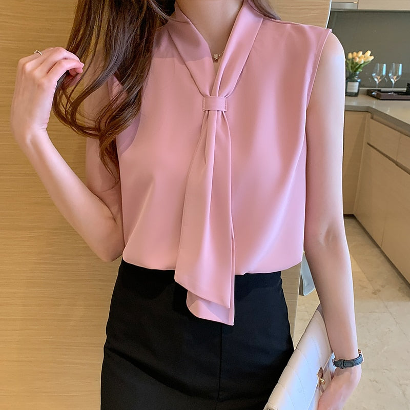 Women&#39;s Shirt Pink Ribbon Blouses for Women Sleeveless Summer Shirts Female Top V-neck Blouse Tops Female 2022 Woman Basic Shirt