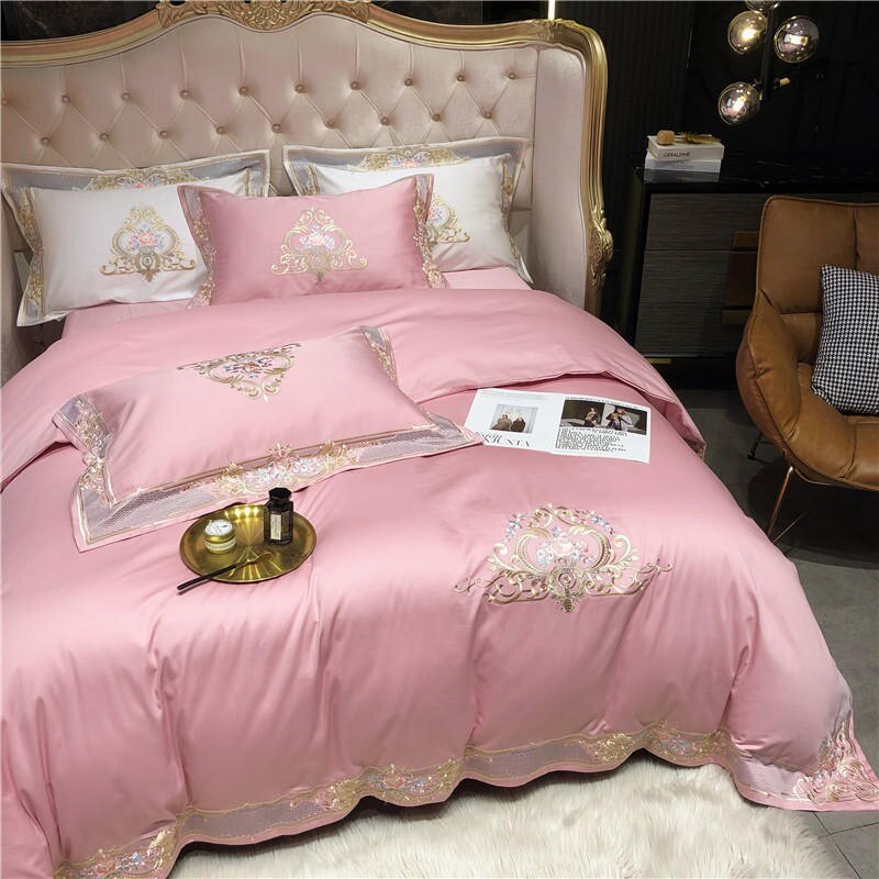 Premium 1000TC Egyptian Cotton US Queen King 104X90&quot; Oversize Bedding Set White Pink Embroidery Duvet Cover Bed Sheet Pillowcase