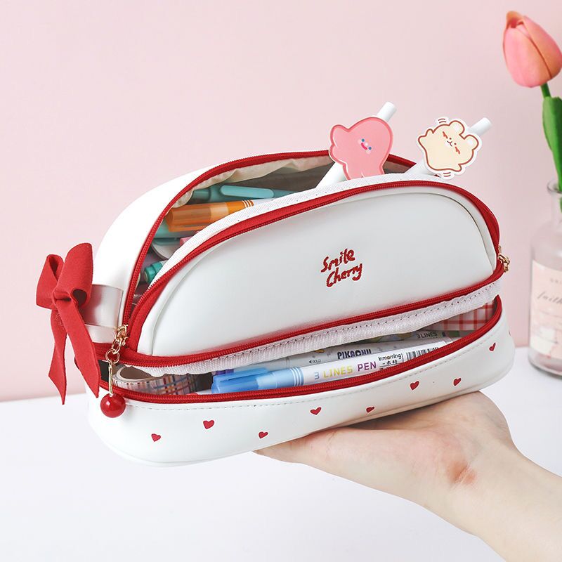 Cherry PU cute pencil case school Stationery storage bag Leather cosmetic bag big pen case gifts for girl pen bag kawaii pen box