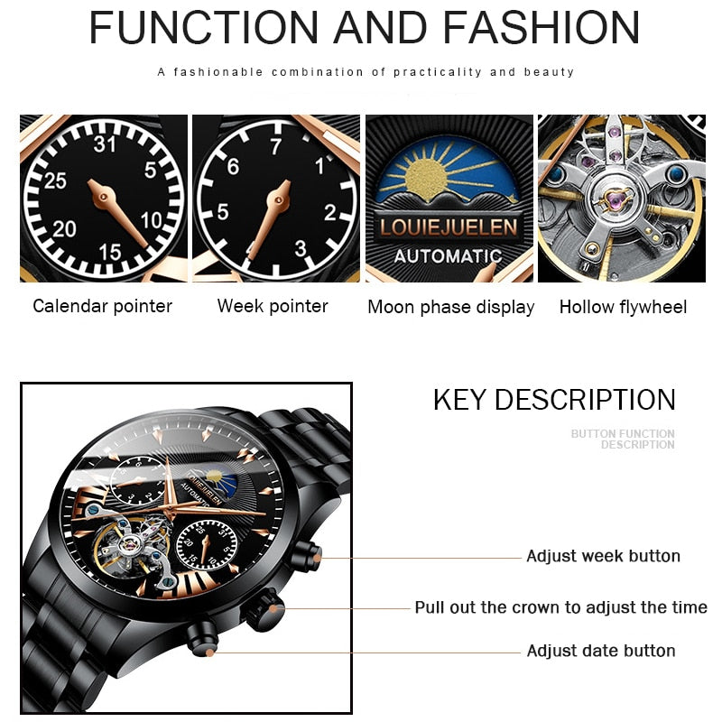 BELUSHI Men Watches New Luxury Automatic Watch Luminous Waterproof Stainless Steel Business Mechanical Wristwatch Relojes Hombre