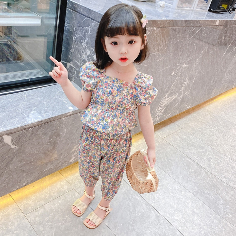 2pcs/set 2022 Children Clothes Floral Tshirt + Pants For Girls Casual Style Big Girls Clothes Summer Kids Tracksuit