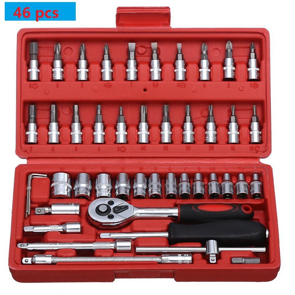 46pcs Tool Sets Car Repair Tool Kit Wrench Set Head Ratchet Pawl Socket Spanner Screwdriver Professional Metalworking Tool Kit