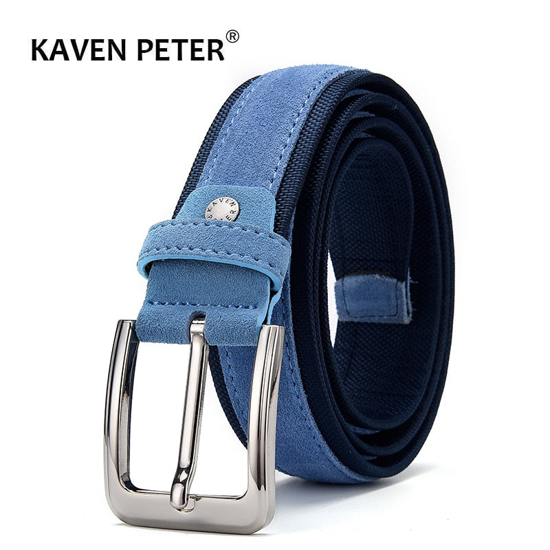 Men Suede Leather Belt With Oxford Fabric Strap Genuine Leather Luxury Pin Buckle Blue Belts For Men 3.5 cm and 4.0 cm Width