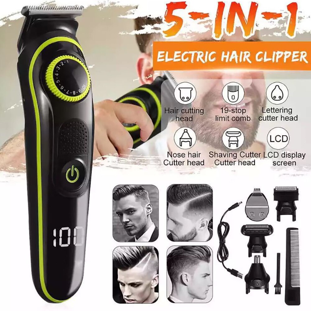 Professional LCD Hair Trimmer 5 in 1  Clipper Men Digital Electric  Cutting Machine Salon cut Cordless Rechargeable