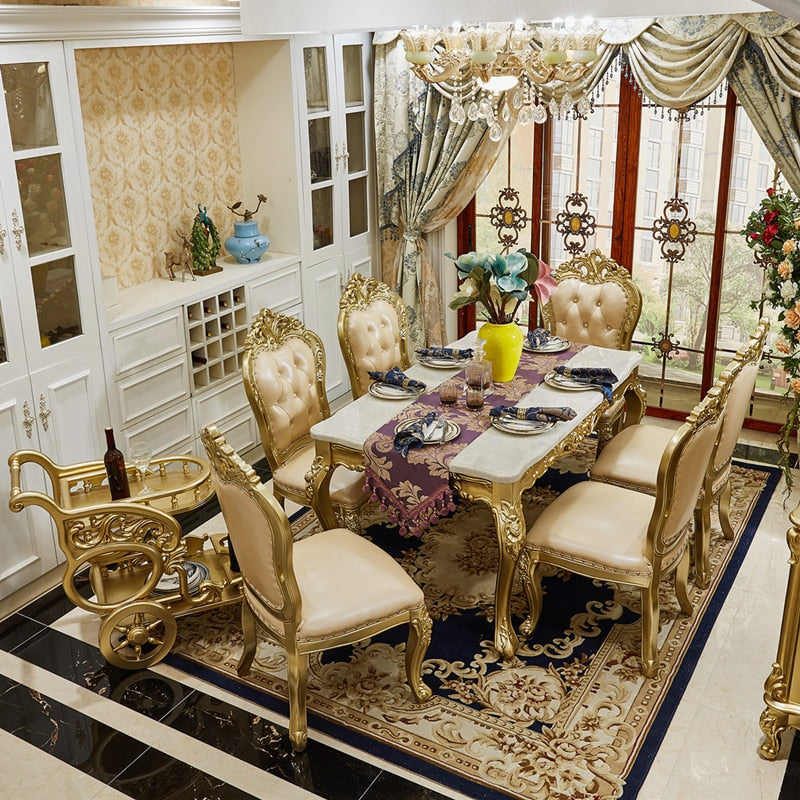 Champagne Marble Dining Table and Chairs European-style Long Luxury Dining Table Villa Solid Wood Carved Table