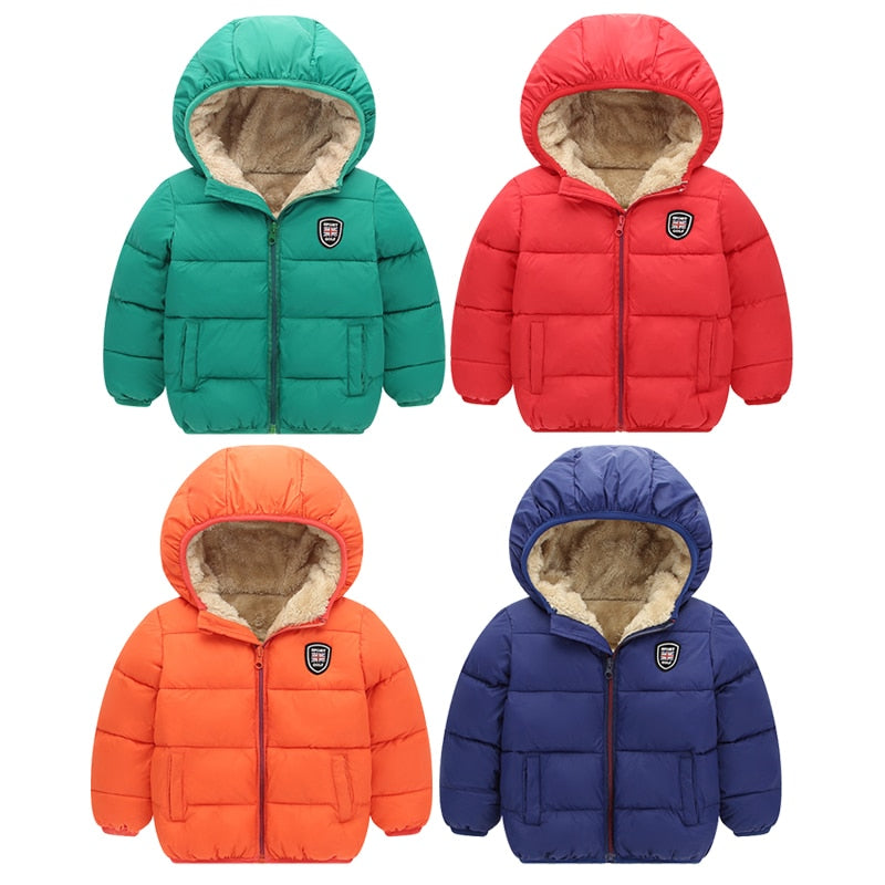 Winter Kids Hooded Jackets Boys Girls Thicken Warm Jacket Outerwear Fashion Baby Boy Zipper Cotton Velvet Jacket For Kids Coats