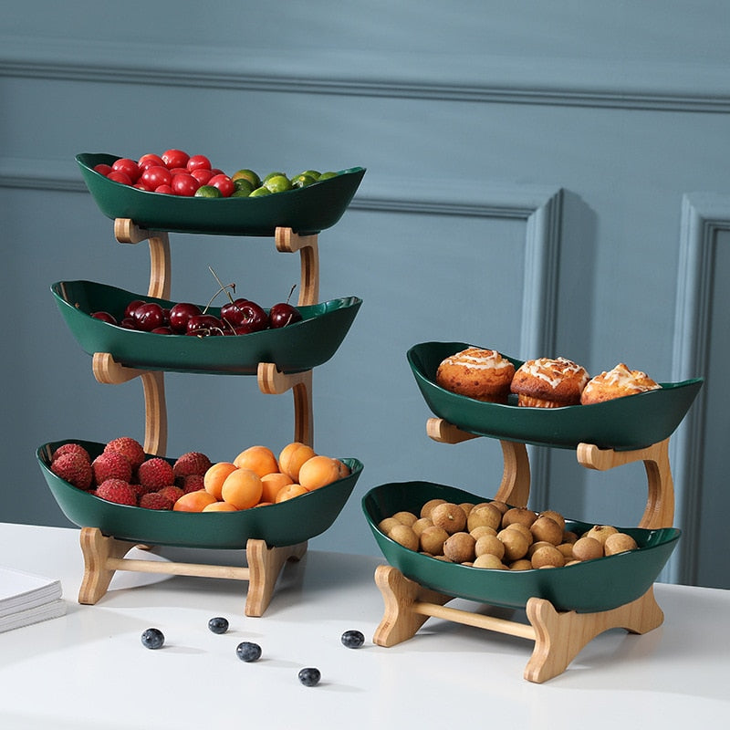 2/3 Tiers Plastic Fruit Plates With Wood Holder Oval Serving Bowls for Party Food Server Display Stand Fruit Candy Dish Shelves