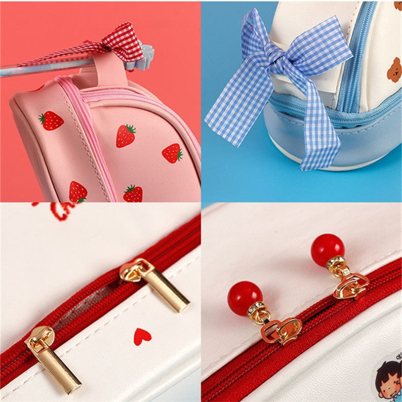 Cherry PU cute pencil case school Stationery storage bag Leather cosmetic bag big pen case gifts for girl pen bag kawaii pen box