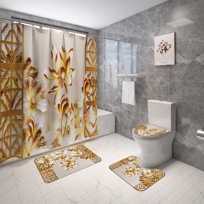 4pcs Floral Bathroom Carpet Bath Curtain Set Toilet Rugs and Shower Curtain Toilet Seat Cover Floor Mat Bathroom Mat Shower Mat