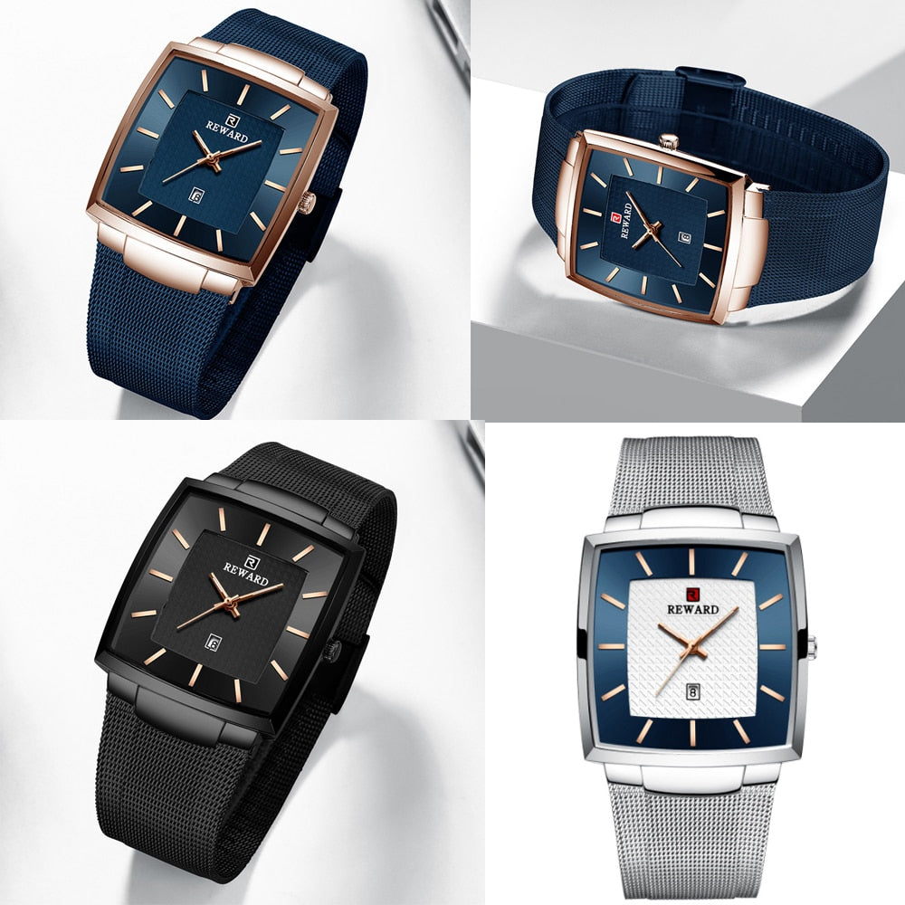 REWARD Watch Men Stainless Steel Blue Quartz Watches Male Fashion Top Brand Luxury Slim Mesh Waterproof Business Wrist Watch