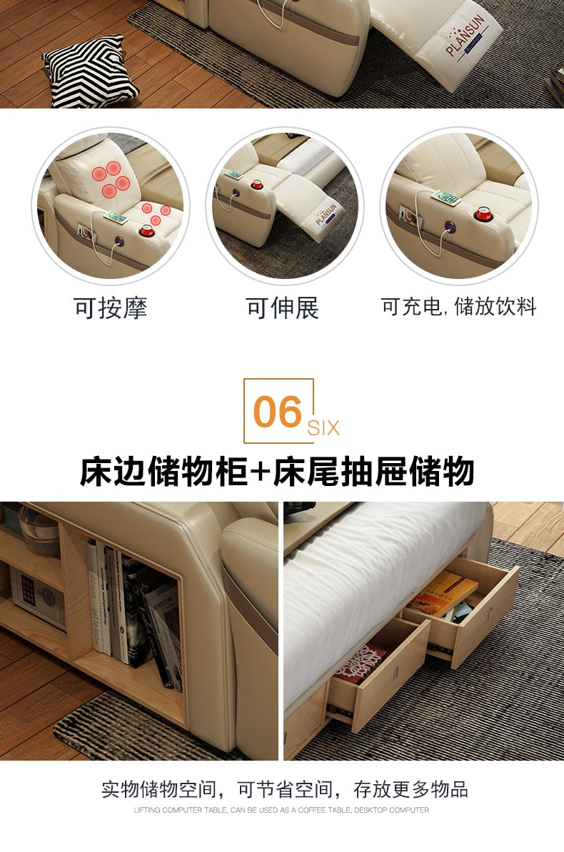 Genuine Leather multifunctional massage bed frame Nordic camas ultimate bed Bluetooth speaker safe air cleaner Iphone USB charge