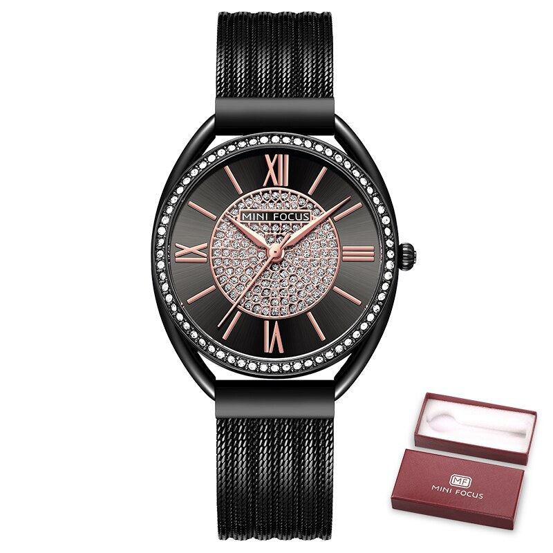 MINI FOCUS Trendy Crystal Watch for Women Business Dress Ladies Watches Top Brand Luxury Diamond Quartz  Steel Strap Wristwatch
