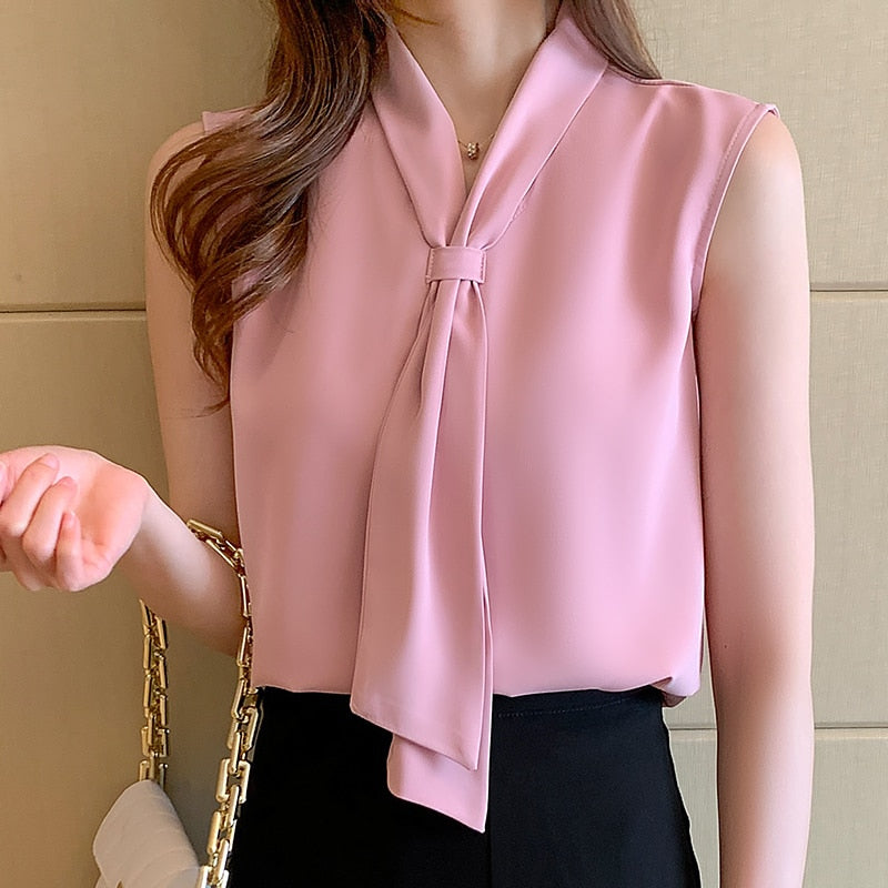 Women&#39;s Shirt Pink Ribbon Blouses for Women Sleeveless Summer Shirts Female Top V-neck Blouse Tops Female 2022 Woman Basic Shirt